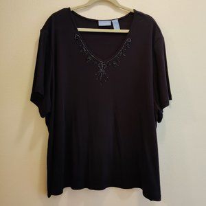 Liz & Me Short Sleeve Black Top, Stretch Knit, Sequins Beads, Sz 4X, *Like New*